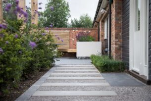  Modern garden design with porcelain planking and gravel