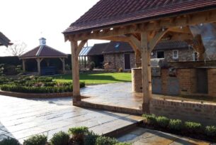 Oak built garden outdoor kitchen with brick built BBQ