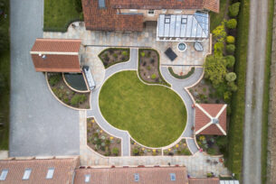  Birdseye view of a private garden using curves.