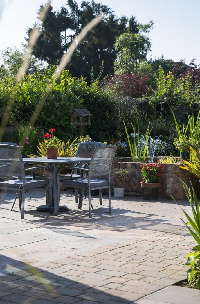 Bespoke garden design showcasing contemporary landscaping and outdoor entertaining space in Yorkshire.