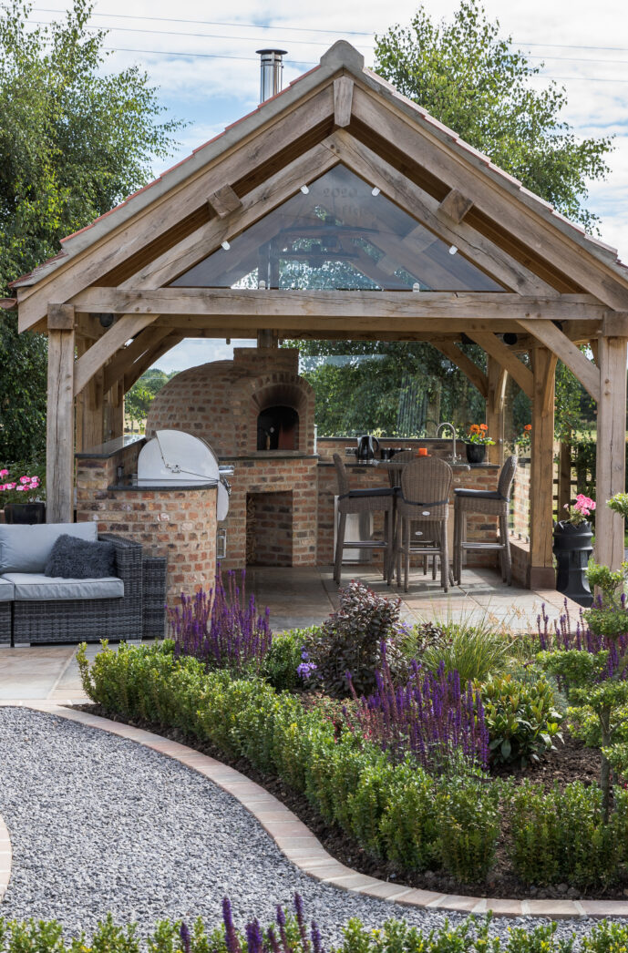 Oak structure housing a brick built outdoor kitchen in York