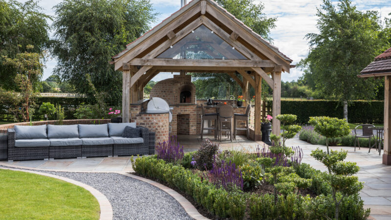 Oak structure housing a brick built outdoor kitchen in York