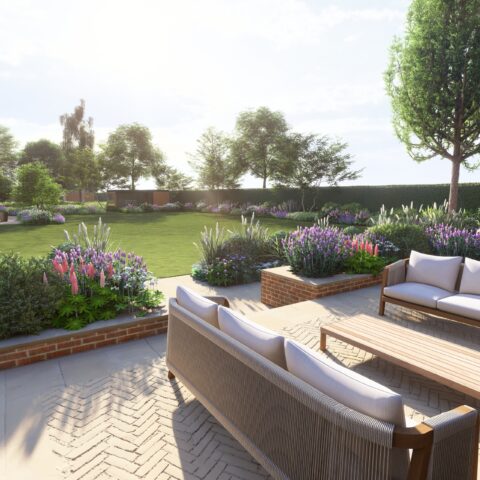 3d design rendering with outdoor seating, plants and lawn